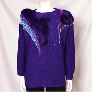 80s Mariea Kim Purple Faux Fur Studded Lace Statement Sweater NWT L Vintage
